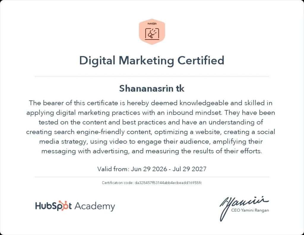 Digital marketing certification earned by Shana Nasrin TK