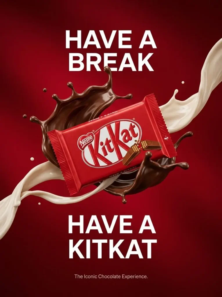A KitKat chocolate bar in a red wrapper surrounded by splashing milk and chocolate on a dark red background, with the text “HAVE A BREAK KITKAT.”
