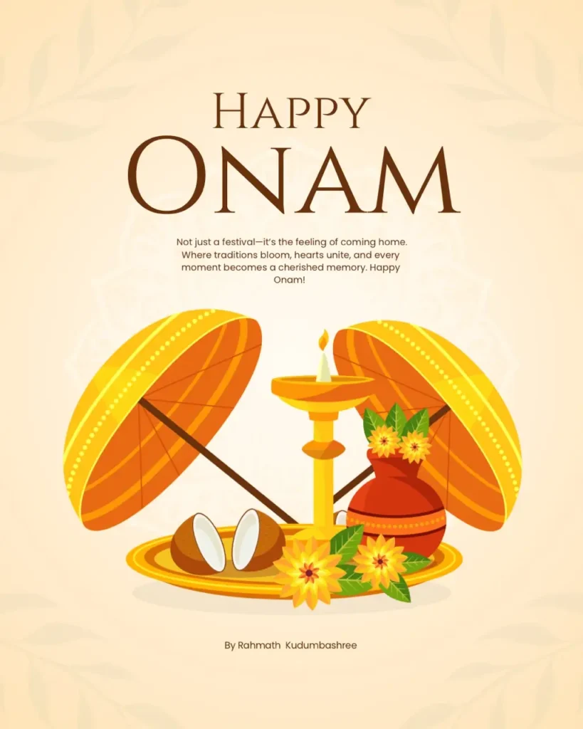 A colorful Onam celebration poster with traditional pookalam flowers, a decorated brass uruli, a parasol, and the text “HAPPY ONAM” on a soft pink background.
