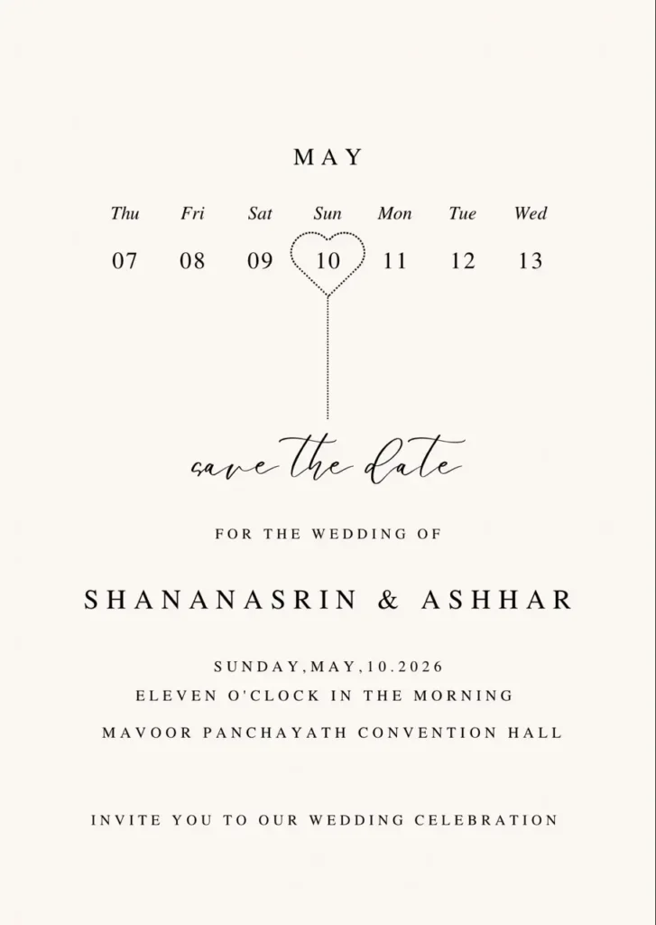 A minimalist wedding invitation featuring a May calendar with the date 10 highlighted, the names “Shananasrin & Ashhar,” and wedding details in elegant typography.